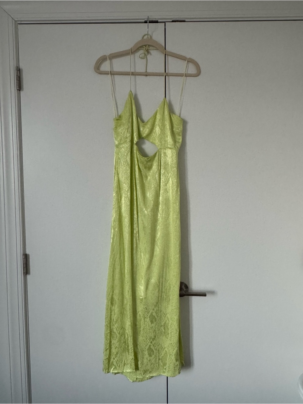 AFRM Lime Green Satin Maxi Slip Dress with Front Cutout